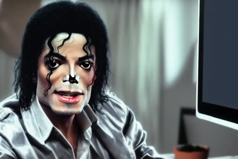 Image similar to Michael Jackson using discord on a computer ultra realistic, 4K, movie still, UHD, sharp, cinematic