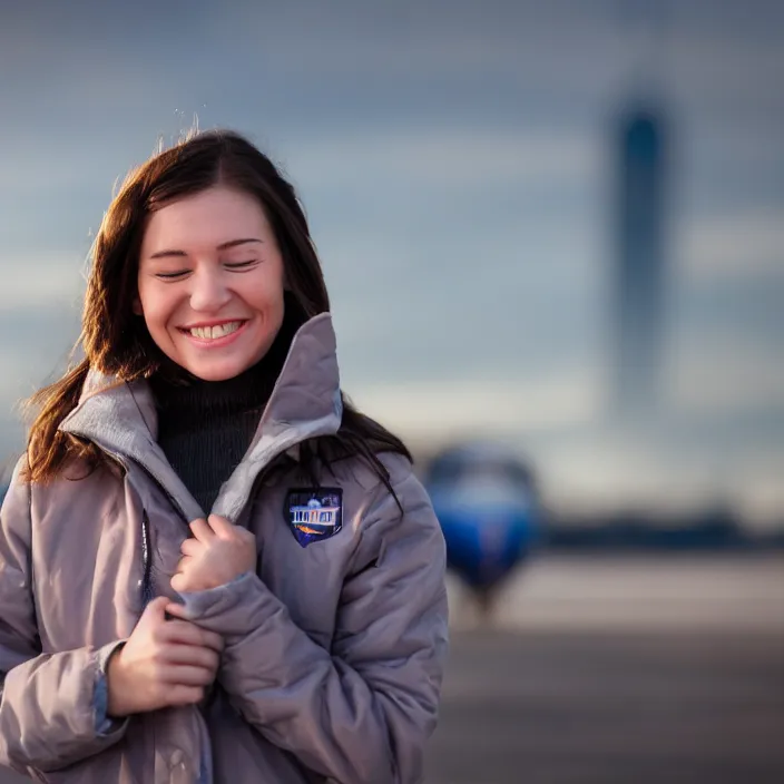Prompt: a beautiful girl from minnesota, brunette, joyfully smiling at the camera with her eyes closed. thin face. wearing university of minneapolis coat. perfect nose, morning hour, plane light, portrait, minneapolis as background.