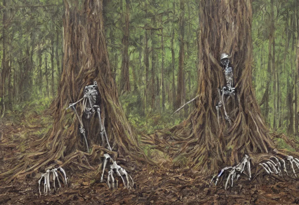 Prompt: skeleton protruding from the dirt in a dense forrest, realism, painting by teddy ruth, kimberly asstyn, and josh grover.