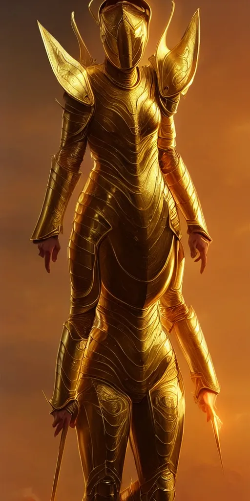 Image similar to professional digital art of a hyper realistic and highly detailed woman beautiful golden armor. accurate rending of one woman in armor. greg rutkowski, zabrocki, karlkka, jayison devadas, intricate, trending on artstation, 8 k, unreal engine 5, pincushion lens effect