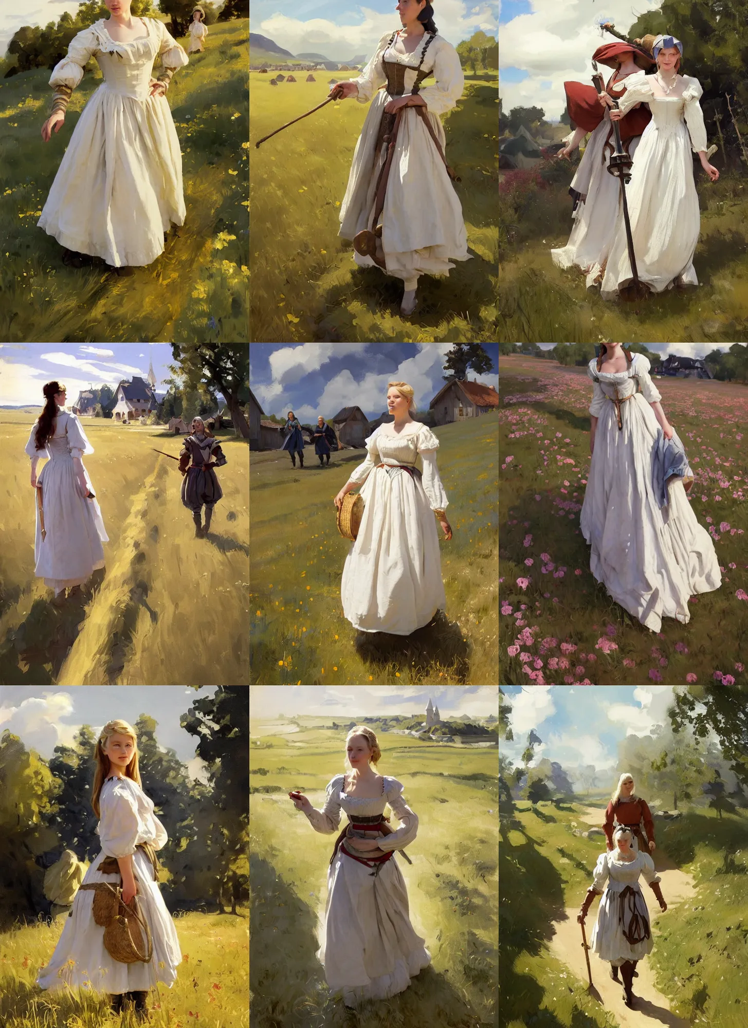 Prompt: finnish norway scandinavian attractive village maiden wearing 1 7 th century bodice walking in the field in a sunny day, jodhpurs greg manchess painting by sargent and leyendecker, studio ghibli, fantasy, medium shot, asymmetrical, intricate, elegant, matte painting, illustration, hearthstone, by greg rutkowski, by greg tocchini, by james gilleard