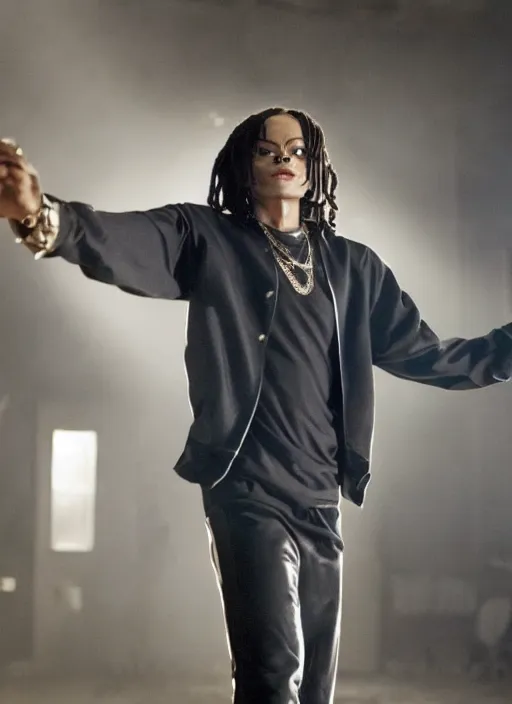 Image similar to film still of michael jackson as snoop dog in the movie straight outta compton, full-shot, 4k