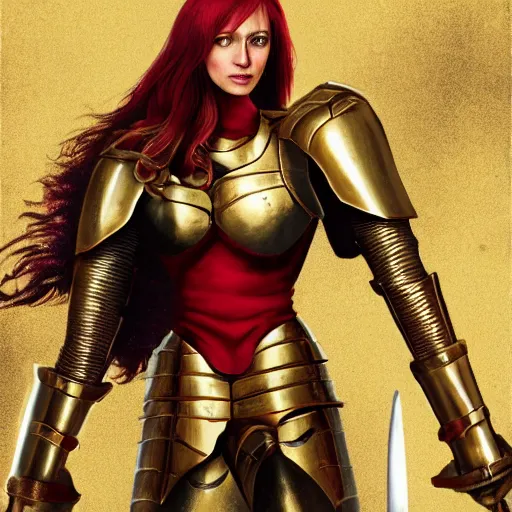 Image similar to a tall, red - haired female knight wearing golden armor and left arm golden prothesis, longer than her right arm. she wields a long golden blade