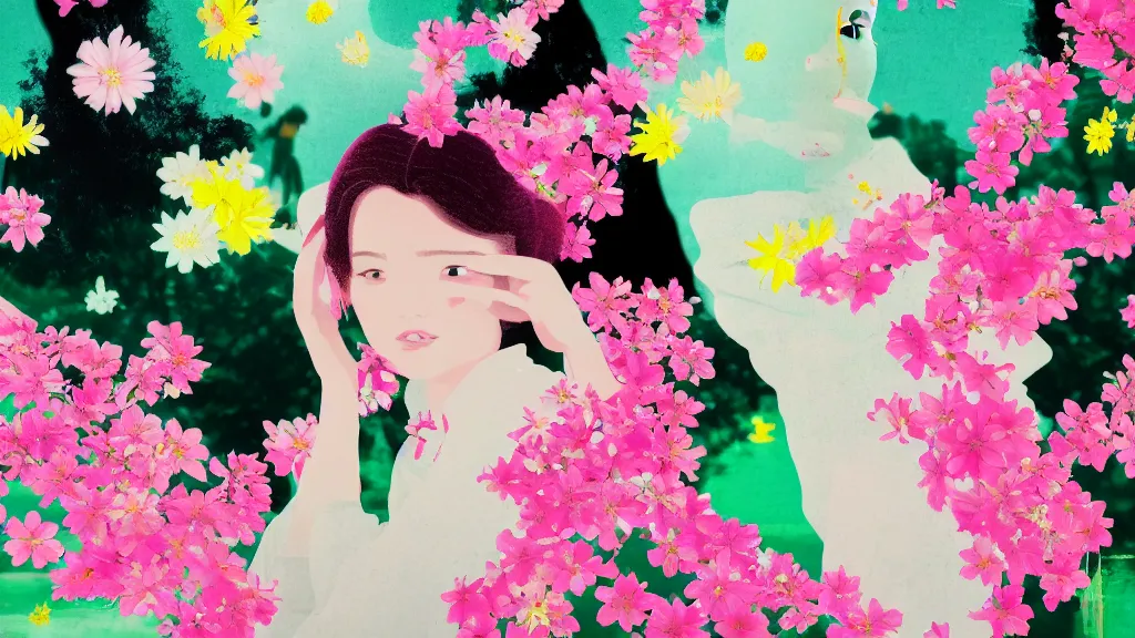 Image similar to close - up of a young pretty woman in a small group of people, a flower viewing picnic sakura, japan, a collage painting, in the style of wes anderson, lola dupre, david hockney, isolated on negative white space background dark monochrome neon fluorescent spraypaint accents volumetric octane render