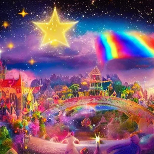 Image similar to a whimsical magical kingdom made up of clouds and rainbows, covered in shining stars