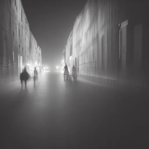 Image similar to an abstract photograph of a lonely male shadowy figure, there is a dark street with lanterns reflected on the ground, everything is underwater, motion blur, 35 mm, black-and-white