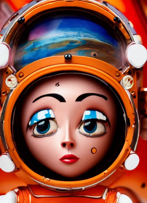 Prompt: closeup portrait of tin toy askimo spacegirl in a spaceship on mars, depth of field, zeiss lens, detailed, symmetrical, centered, fashion photoshoot, by nicoletta ceccoli, mark ryden, lostfish, breathtaking, 8 k resolution, extremely detailed, beautiful, establishing shot, artistic, hyperrealistic, octane render