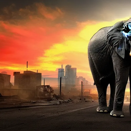 Prompt: elephant in a post apocalyptic city where the sky is on fire