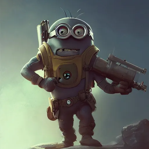 Image similar to cute minion holding a rocket launcher, illustrated by greg rutkowski and gaston bussiere, serious lighting, dramatic amtosphere, war - art style, photorealistic imagery, trending on artstation, 4 k, 8 k