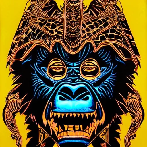 Image similar to barong family member, wiwek, mara demon, one single tribe member, jungle, one single mask, dark, ancient warrior, gorilla, lizard, tribal, inner glow, art by dan mumford and justin gerard and andy warhol