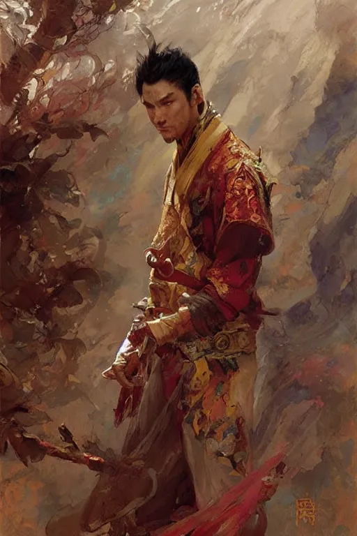 Prompt: attractive man, wuxia, colorful, painting by gaston bussiere, craig mullins, greg rutkowski, j. c. leyendecker