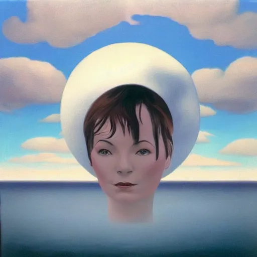 Image similar to very detailed portrait of photorealistic bjork floating above the ocean into a gray skay. painted by rene magritte, 1 9 2 7. oil on canvas.