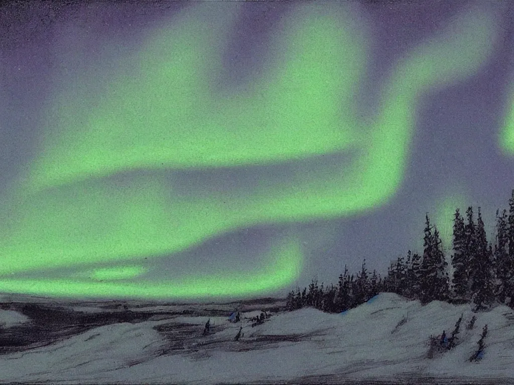 Image similar to northern lights in the art style of Theodor Kittelsen