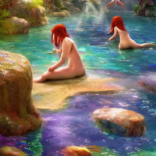 Prompt: Mermaids and Fairies bathing in an amazing beautiful natural secret swim spot with rainbow pools, fae, by Niroot Puttapipat, by James Gurney, artstation, deviantart