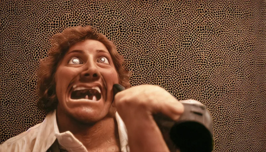 Image similar to 70s movie still of a man yelling with trypophobia mouth in hospital, eastmancolor, heavy grain, high quality, higly detailed, liminal space