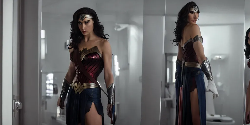 Prompt: ultra wide angle photo of gal gadot dressed in a white blouse and black dress pants as diana prince looking at herself in a bathroom mirror and seeing her reflection as wonder woman