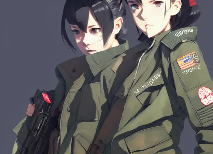 Prompt: soldier girl, wearing big bomber jacket with military gear, big bomber jacket with camo patterns, gapmoe yandere grimdark, trending on pixiv fanbox, painted by greg rutkowski makoto shinkai takashi takeuchi studio ghibli, akihiko yoshida, gta 5