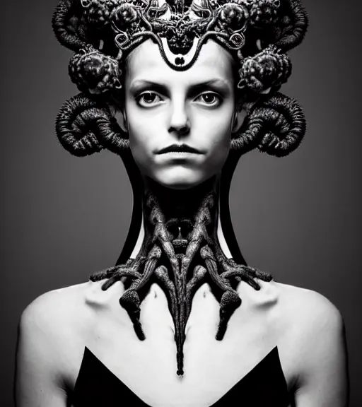 Image similar to dark background, a black and white high quality dreamy photo of a young beautiful female queen-vegetal-dragon-cyborg bust with a very long neck and delicate Mandelbrot fractal face, anatomical, facial muscles, veins, arteries, elegant, highly detailed, flesh highly baroque ornate, hair are curled wired cables, elegant, poetic, dreamy, mysterious, high fashion, rim light, in the style of Ellen von Unwerth, Realistic, Refined, Digital Art, Highly Detailed, Cinematic Lighting, rim light, black and white, photo-realistic, 8K