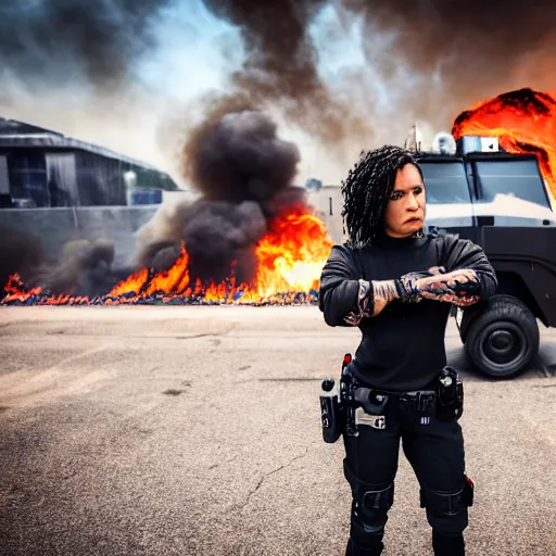 Image similar to Candid extreme wide shot of a poor techwear mixed woman with short hair and tattoos outside of a futuristic Los Angeles on fire, a police MRAP on fire, cyberpunk, 4k, extreme long shot, desaturated, full shot, action shot, motion blur, depth of field, sigma 85mm f/1.4, high resolution, 4k, 8k, hd, full color, award winning photography, war photography