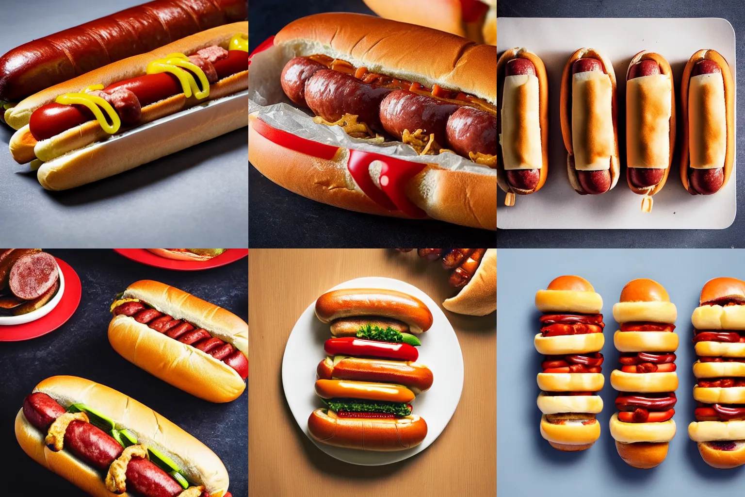 Prompt: “ product shot of a hotdog with six buns in one with one sausage for each bread ” food photography, commercial photography, ad