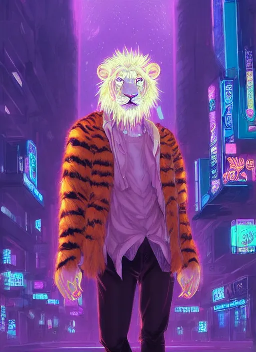 Image similar to beautiful portrait commission of a albino male furry anthro lion wearing a tiger striped jacket. vaporwave city at night in the rain. Neon light. Atmospheric. Character design by charlie bowater, ross tran, artgerm, and makoto shinkai, detailed, inked, western comic book art