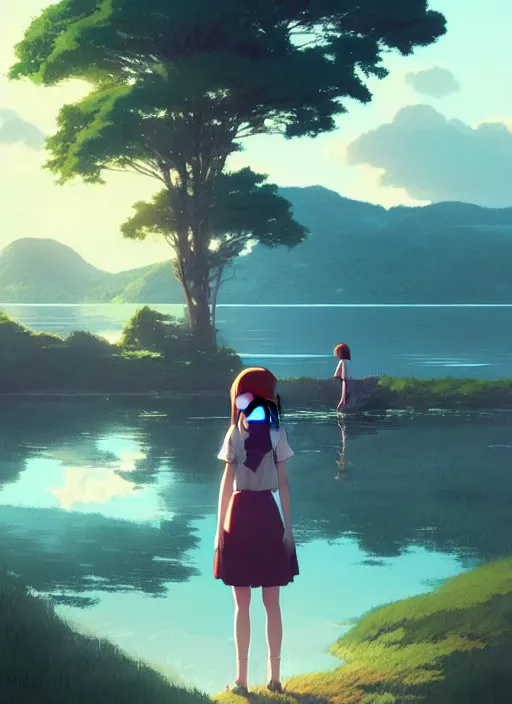 Prompt: girl near the lake with loch ness monster, raily, sad mood, strong lighting, illustration concept art anime key visual trending pixiv fanbox by wlop and greg rutkowski and makoto shinkai and studio ghibli