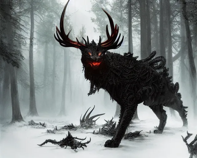 Image similar to 5 5 mm portrait photo of an armored demonic cat with antlers, in a magical forest. dark atmosphere. art by greg rutkowski. highly detailed 8 k. intricate. lifelike. soft light. nikon d 8 5 0.