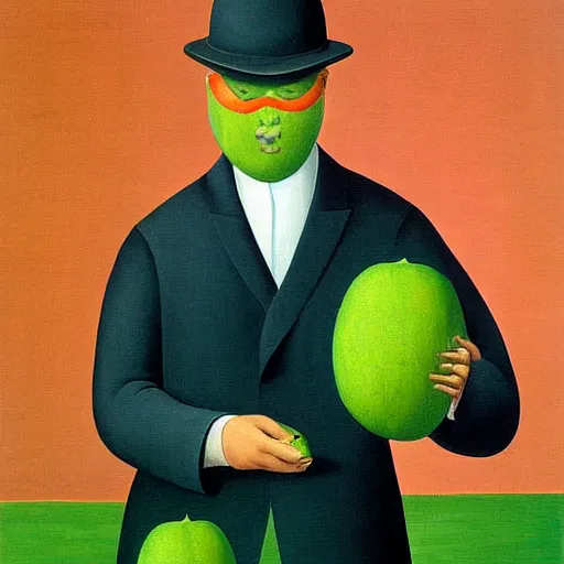 Image similar to painting man with watermelon by Rene Magritte