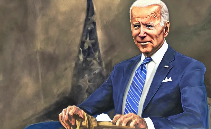 Image similar to joe biden in markrath, skyrim, a photorealistic painting