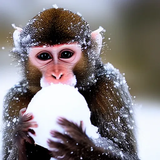 Image similar to beatiful photograph of non-ending snow, monkey sitting in the center whilst holding a snowball in its arms