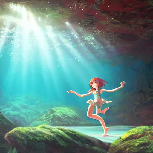 Image similar to young girl dancing underwater in redwood forest with dinosaurs, light rays through water, sharp focus, studio ghibli, Hayao Miyazaki, oil painting, artbook, Makoto Shinkai, Highly Detailed, Cinematic Lighting, 8k, HD