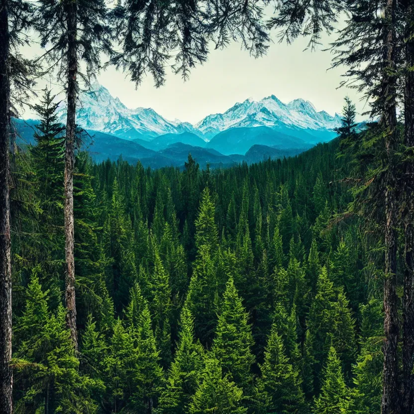 Image similar to beautiful forest, mountains in the distance, daytime, 3 5 mm photography, highly detailed, 8 k, artgerm, sharp focus, cgsociety