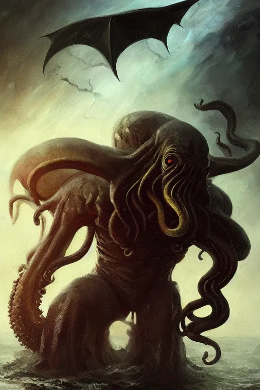 Prompt: cthulhu with bat wings, ocean, storm, digital art, magic the gathering, mtg, by greg rutkowski, trending on artstation