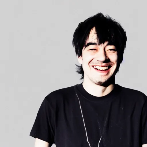 Image similar to joji grinning at the camera with his head being slightly tilted to the right, lots of grain, red reflection in eyes, dark pitch black background.