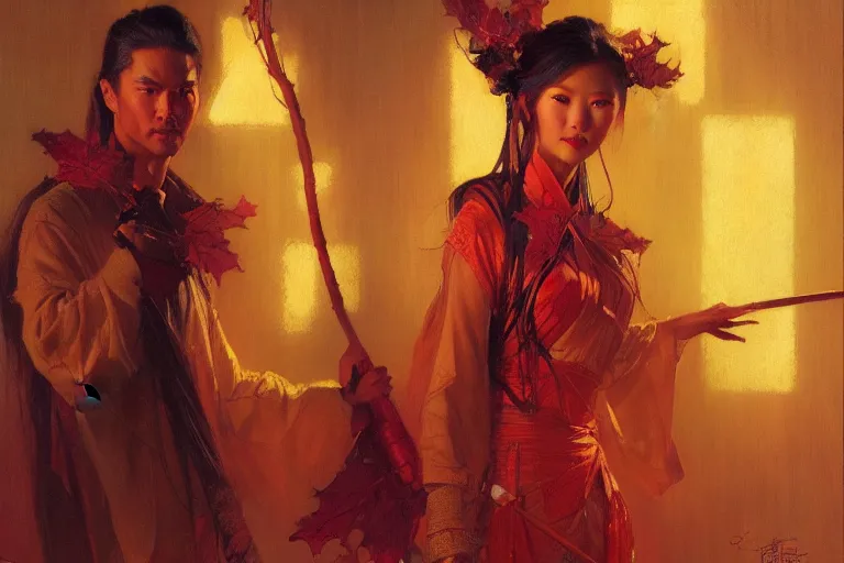 Prompt: wuxia, autumn, neon light, painting by gaston bussiere, craig mullins, j. c. leyendecker