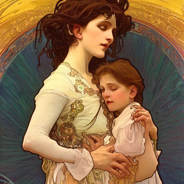 Image similar to an aesthetic! detailed portrait of an aesthetic woman crying mournfully while holding a child, by alphonse mucha, oil on canvas, bright colors, art nouveau, epic composition, dungeons and dragons fantasy art, hd, god - rays, ray - tracing, crisp contour - lines, huhd - 8 k