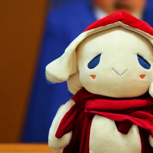 Image similar to a cute fumo plush of a war criminal on trial at the hague