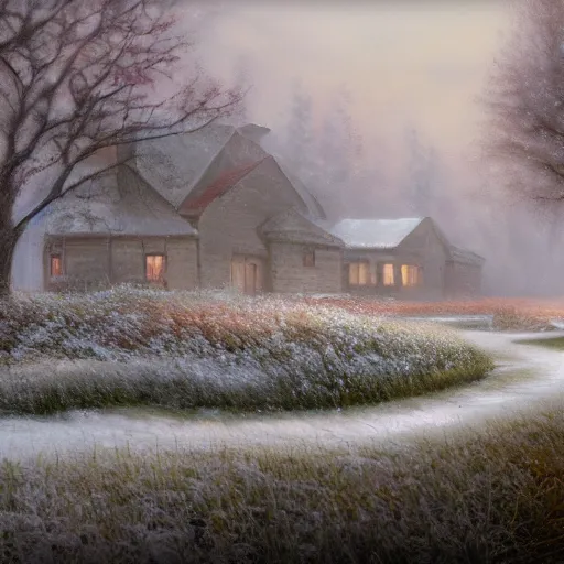 Image similar to a matte painting of a prairie, cottage close up, snow, foggy, patchy flowers, oil painting, pale colors, high detail, 8 k, wide angle, trending on artstation,