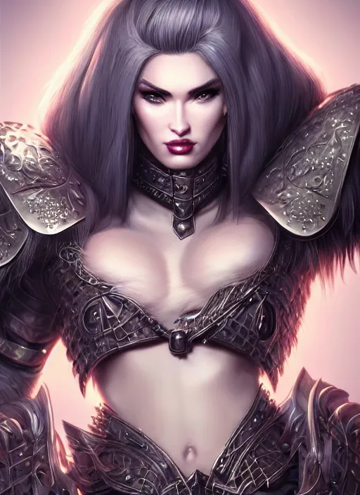 Prompt: ! dream barbarian, fur leather armor!!! megan fox, beautiful and elegant white hair female!! gorgeous ayes!! character concept art, sharp focus, octane render! unreal engine 5! highly rendered!! trending on artstation!! detailed linework!! illustration by artgerm, wlop, and chie yoshii