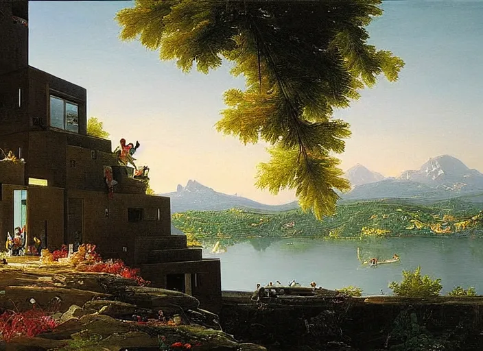 Image similar to painting of moshe safdie's habitat 6 7 in front of beautiful mountains by thomas cole