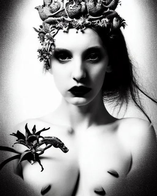 Prompt: a black and white high quality dreamy photo of a young beautiful female queen-pale dragon-vegetal-many flower-cyborg bust with a very long neck, elegant, highly detailed, poetic, soft, dreamy, mysterious, high fashion, rim light, in the style of Ellen von Unwerth, Realistic, Refined, Digital Art, Highly Detailed, Cinematic Lighting, rim light, black and white, photo-realistic, 8K
