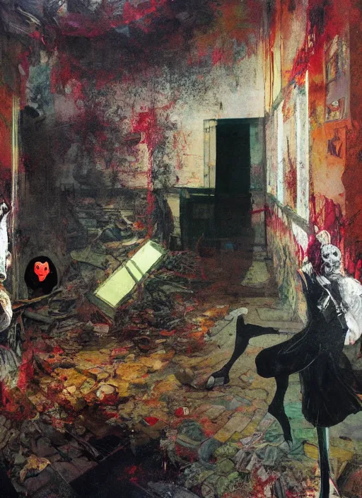 Image similar to two dark figures laughing inside a decayed Romanian motel room, Neo-Gothic, gothic, rich deep colors. intricate artwork in the style of Adrian ghenie and Francis bacon, part by Gerhard Richter, part Edward Hopper and part Petra cortright, highly detailed, very coherent, horror, rich colours