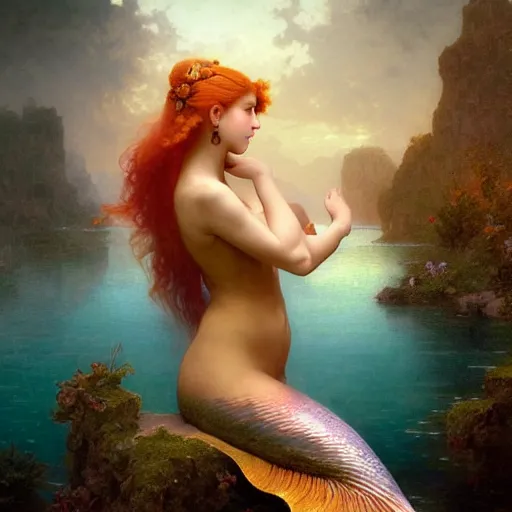 Prompt: a beautiful stunning interesting detailed fantasy whimsical matte digital portrait illustration of a mermaid with turqoise hair, yellow-orange and red-violet sunset, spectacular sunset, in the style of William Adolphe-Bouguereau and Marc Simonetti and Ross Tran, magic the gathering, trending on artstation hq, contest winner