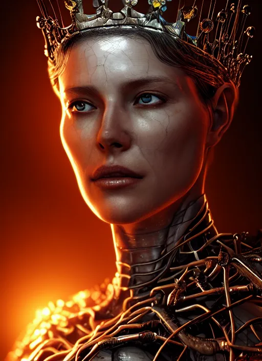 Image similar to 1 / 2 length portrait, queen, crown, translucent skin, muscle, bones, veins, nerves, hyperrealism, detailed, photorealistic, cyberpunk apocalyptic city, futuristic, ultra realistic, cinematic, intricate, cinematic light, unreal engine 8 k, octane render, unreal engine by charlie bowater, david kostic, stanley lau, artgerm