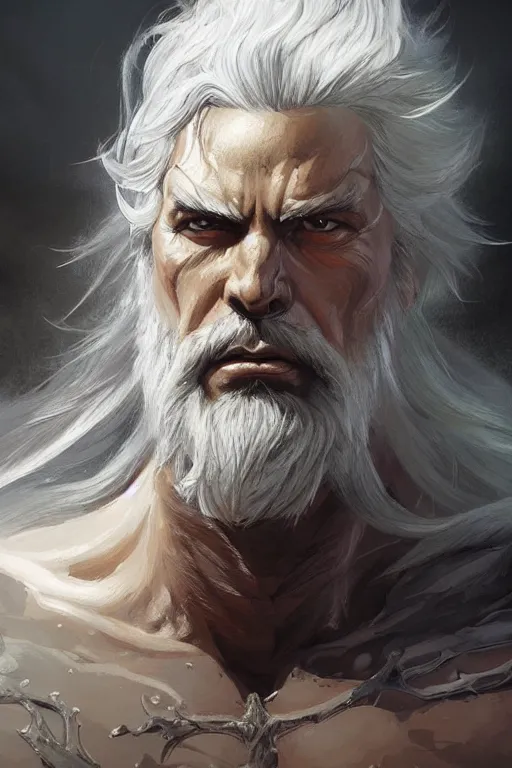 Image similar to painted portrait of rugged sephirot, god of thunder, greek god, white hair, masculine, mature, handsome, upper body, muscular, hairy torso, fantasy, intricate, elegant, highly detailed, digital painting, artstation, concept art, smooth, sharp focus, illustration, art by gaston bussiere and craig mullins