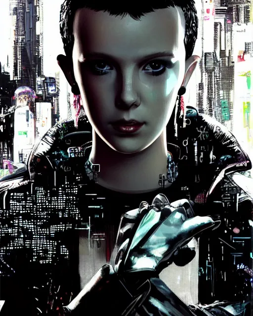 Prompt: professional portrait of cyberpunk millie bobby brown by yoji shinkawa