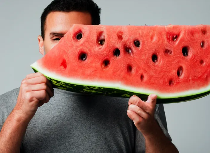 Image similar to photo still of a man with a watermelon for a head, 8 k, studio lighting bright ambient lighting key light, 8 5 mm f 1. 8