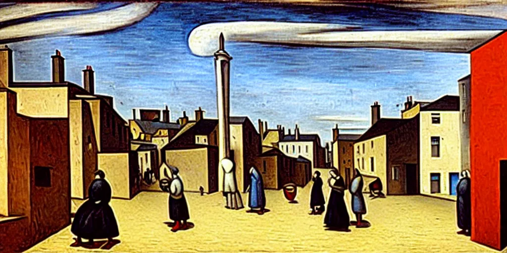 Image similar to a painting of street life in kirkwall, orkney, people,houses, by Giorgio de Chirico