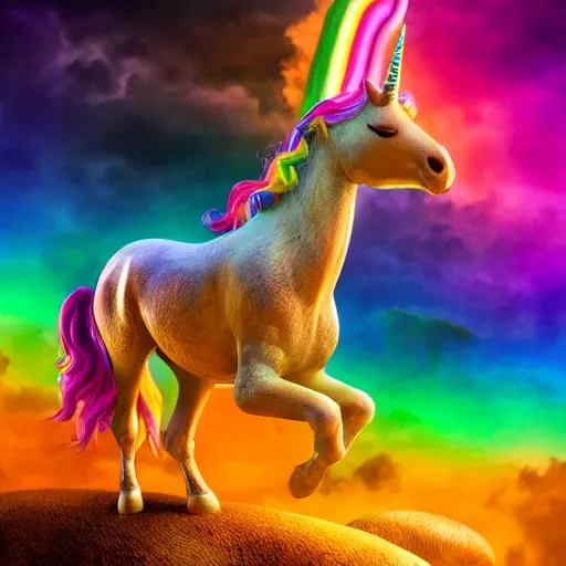 Image similar to full body pose, hyperrealistic photograph of attractive girl riding a rainbow unicorn, dim volumetric lighting, 8 k, octane beautifully detailed render, extremely hyper detailed, intricate, epic composition, cinematic lighting, masterpiece, trending on artstation, very very detailed, stunning, hdr, smooth, sharp focus, high resolution, award, winning photo, dslr, 5 0 mm