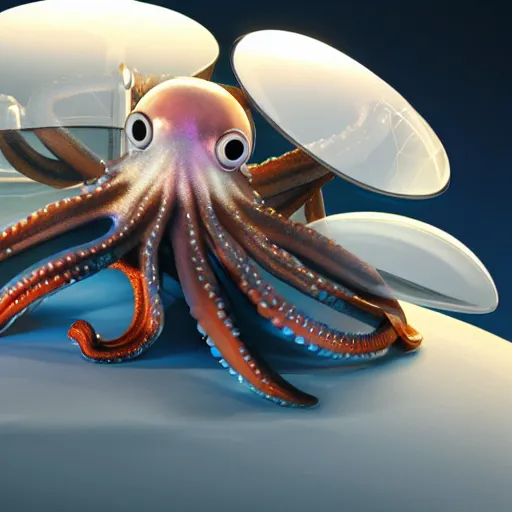 Image similar to a stunning rendition of an octopus wearing a space helmet, LED visor, hyperrealistic, octane render, pearlescent skin, floating in space